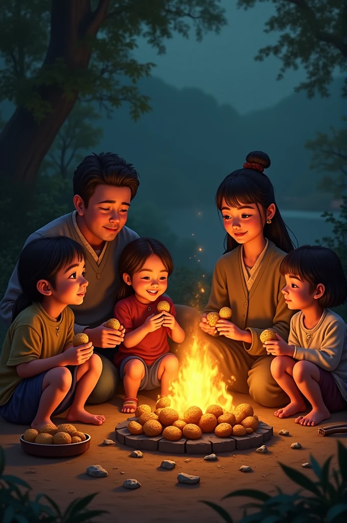 Some children and adult sit near a fire and eat chana potatoes
