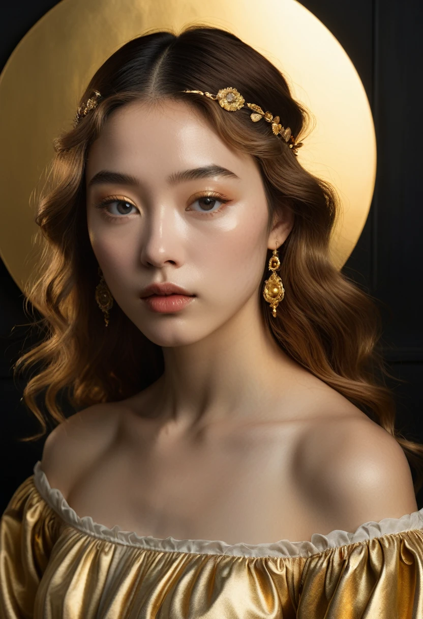 Proportional female face with symmetrical features and flawless skin, eyes spaced 46% of face width apart, eyes and mouth 36% of face length from hairline, delicate nose and full lips, soft, gradient-like skin texture evoking Renaissance paintings, elegant, minimalist gold accents reminiscent of ancient Greek and Roman artistry, subtly nuanced, softbox-lit, golden hour glow with gentle, Baroque-inspired chiaroscuro, as if painted by a mix of Sandro Botticelli and Johannes Vermeer's serene realism, with the faintest hint of Takashi Murakami's hyper-real, anime-like sheen.