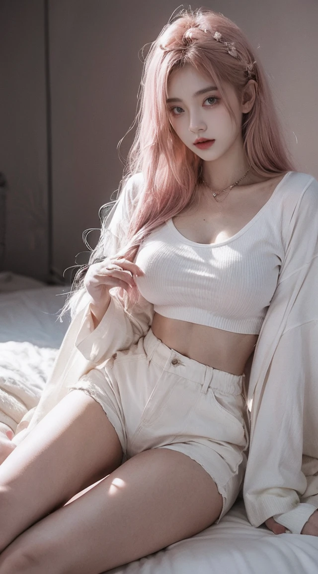 "21yo girl, pink hair, long hair, wearing
oversize white t-shirt, hot pants, natural big
breast, show big thigh, plump body, single
sidelock hairpin blush, modern cinematic
lighting, ray tracing, drop shadow wide shot
UHD, textured skin, high details, best quality
4K"