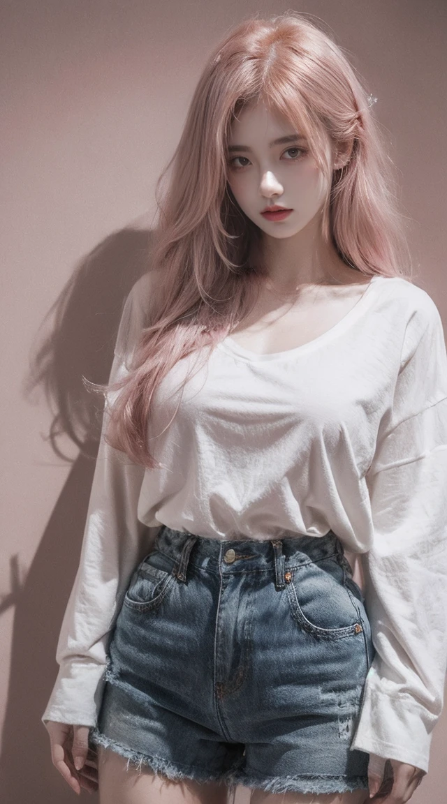 "21yo girl, pink hair, long hair, wearing
oversize white t-shirt, hot pants, natural big
breast, show big thigh, plump body, single
sidelock hairpin blush, modern cinematic
lighting, ray tracing, drop shadow wide shot
UHD, textured skin, high details, best quality
4K"