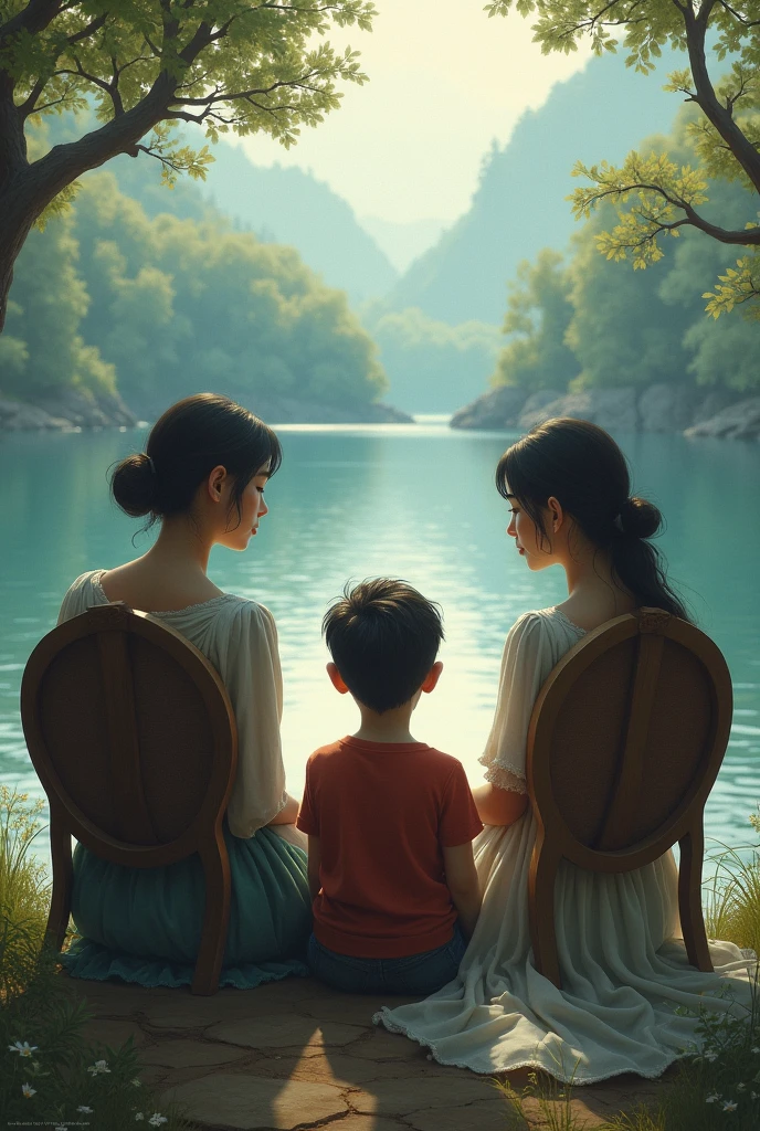 A boy and two women sitting in a chair and thinking about something background a lake 