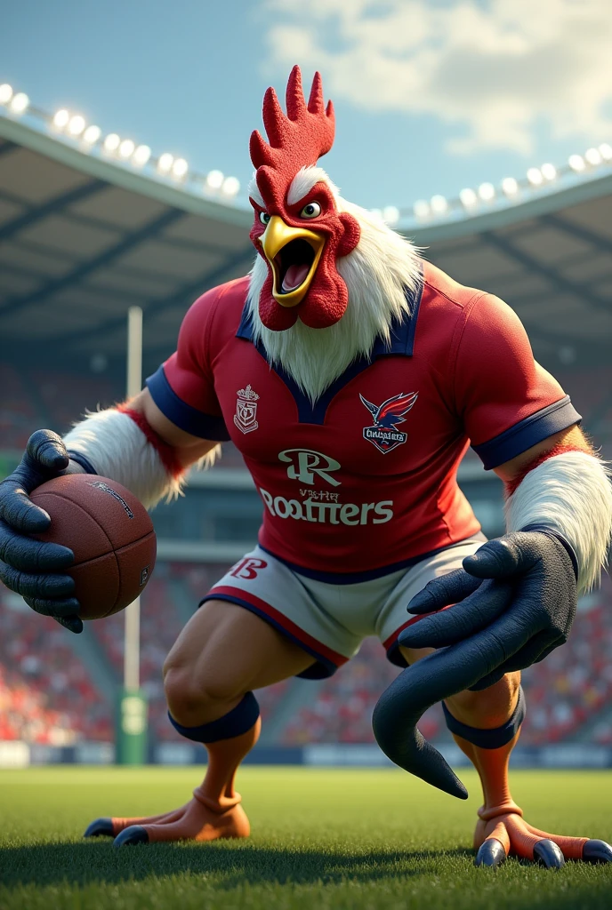 Angry mascular rooster dressed up in red uniform with the name "Sydney Roosters" written on it and grab an aquatic dark blue eel on his right hand and a rugby ball in his left hand. They are in the rugby stadium.