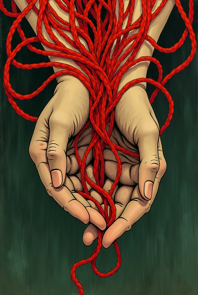 hands intertwined by red thread, passaije verde, by anime wski, by Alphonse Mucha
