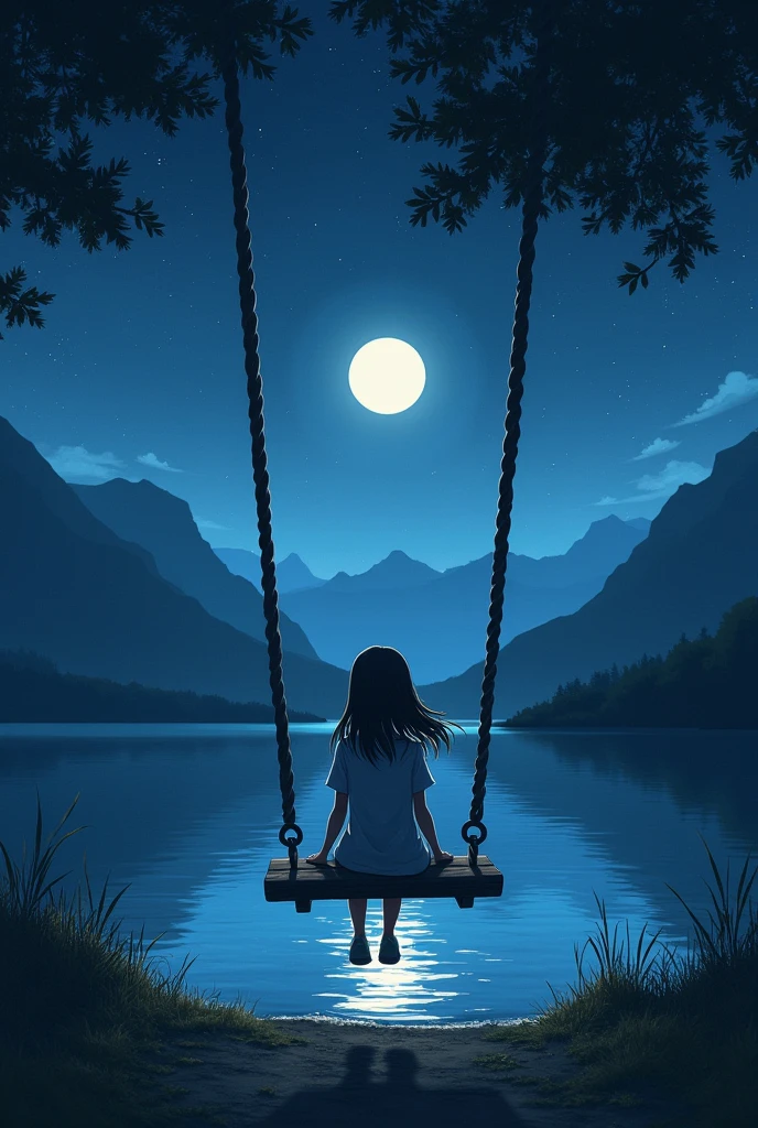 Girl sitting on swing sad, facing the mountains with starry sky and bright moonlight on the lake shore