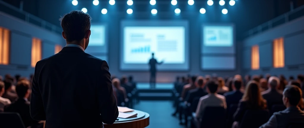 Back view of a speaker addressing an audience at a business conference and presentation, standing at a podium with a large projection screen displaying key information behind them, set in a professional and modern conference hall, with rows of attentive attendees visible in the foreground, conveying a sense of authority and engagement, the room is illuminated by bright spotlights and ambient lighting that highlights the speaker and enhances the formal atmosphere