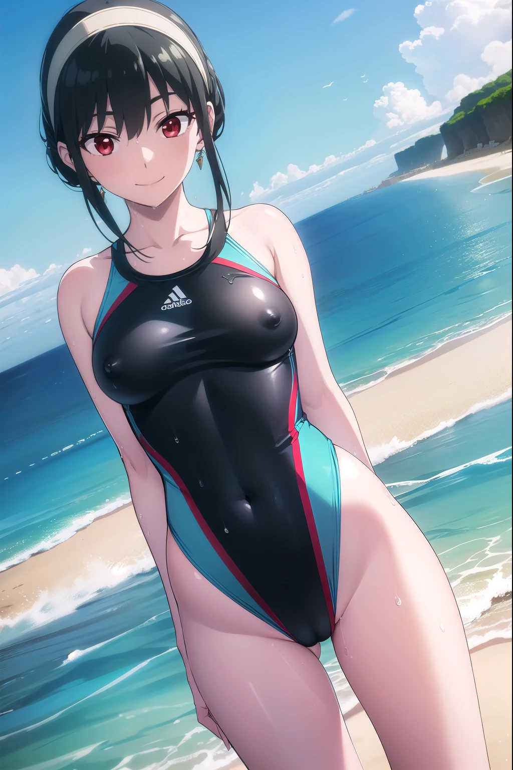 (masterpiece:1.2),(Highest quality), (High resolution), (unity 8k wallpaper), (shape:0.8), (Beautiful attention to detail:1.6), Highly detailed face Yorbraia, (Yor Briar), Black Hair, (Red eyes:1.5), Earrings, Long Hair, white hairband, (Medium Breasted:1.2), smile, Put your arms behind your back, whole body, Extremely detailed CG, (Perfect hands, Perfect Anatomy), ( black competition swimsuit), (erect nipples), (wet), View your viewers, enter the sea, Cowboy Shot, dutch angle, Outdoors, beach