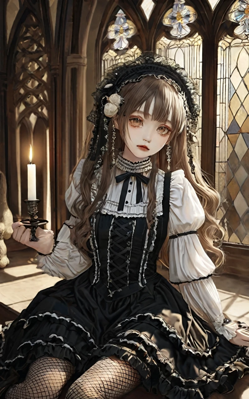 Gothic Conservatory, Sepia, Very high quality、Very detailed, Faint lips,University of California:Realistic glow、Opal-like sparkle、Deep, silky, healthy-looking warm foundation for soft skin, 写真のようにリアルなレイトrace被写界深度, One girl, . Small animals , Skin Dentition, Lower eyelashes, Upper eyelashes, eyeliner, Gothic ruffled dresses, Long skirt, Head ornament, Bow, hair ornaments, Hair Flower, Black fishnet stockings_pantyhose, Garter Straps, race, Cross-laced shoes, Frilled blouse, Sleeves edged with ribbon, Puff sleeves, Bloomers , candlestick, Stained glass, Complex Gothic architecture