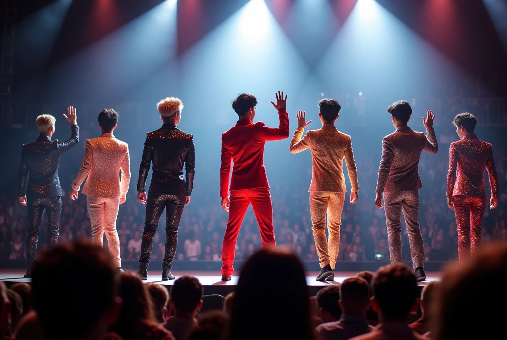 A group of six Japanese male idols dressed in flashy costumes under the spotlight、A gentle smile is caught, waving to fans from the back、The seats are packed with fans。