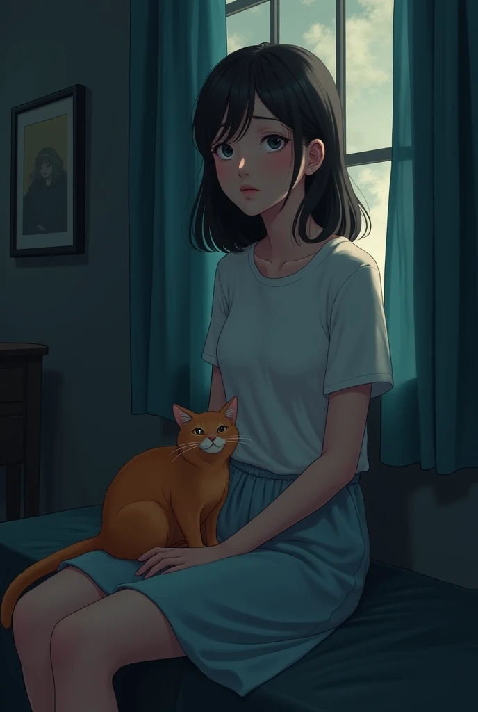"A young woman in her early 20s with a contemplative expression sits in a softly lit room. She has an air of sadness but remains composed and okay for now. Beside her, an orange cat sits calmly. The setting is too dark, capturing a gentle ambience. In Anime drawing.