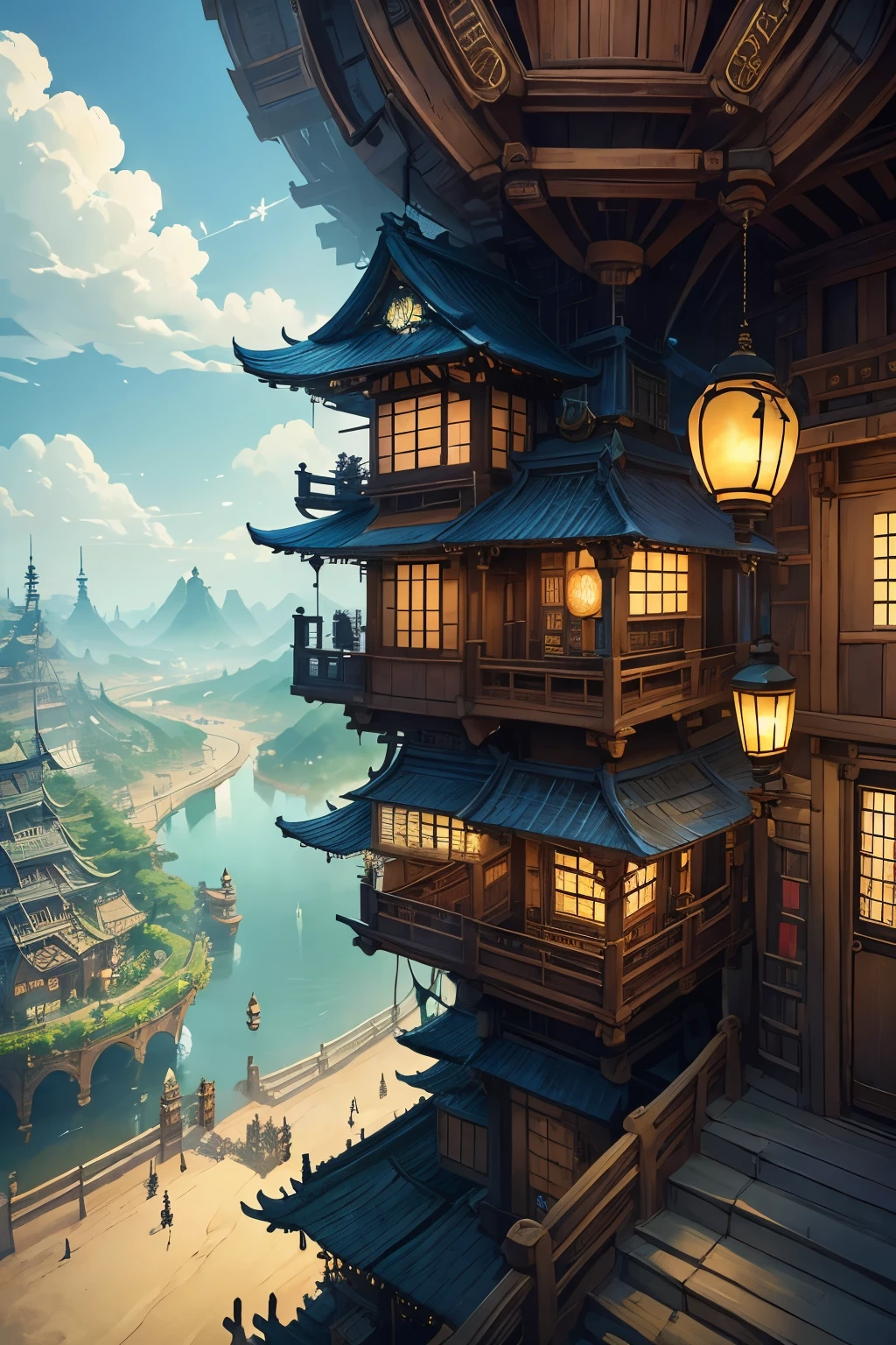 (Highest quality:1.2)。steampunkai。Japanese style、maze-like townscape。the way。aisle。The covered corridor。stage。螺旋stage。tower。river。Stone bridge。The background is blue sky and white clouds。Looking down from the top of the town。
