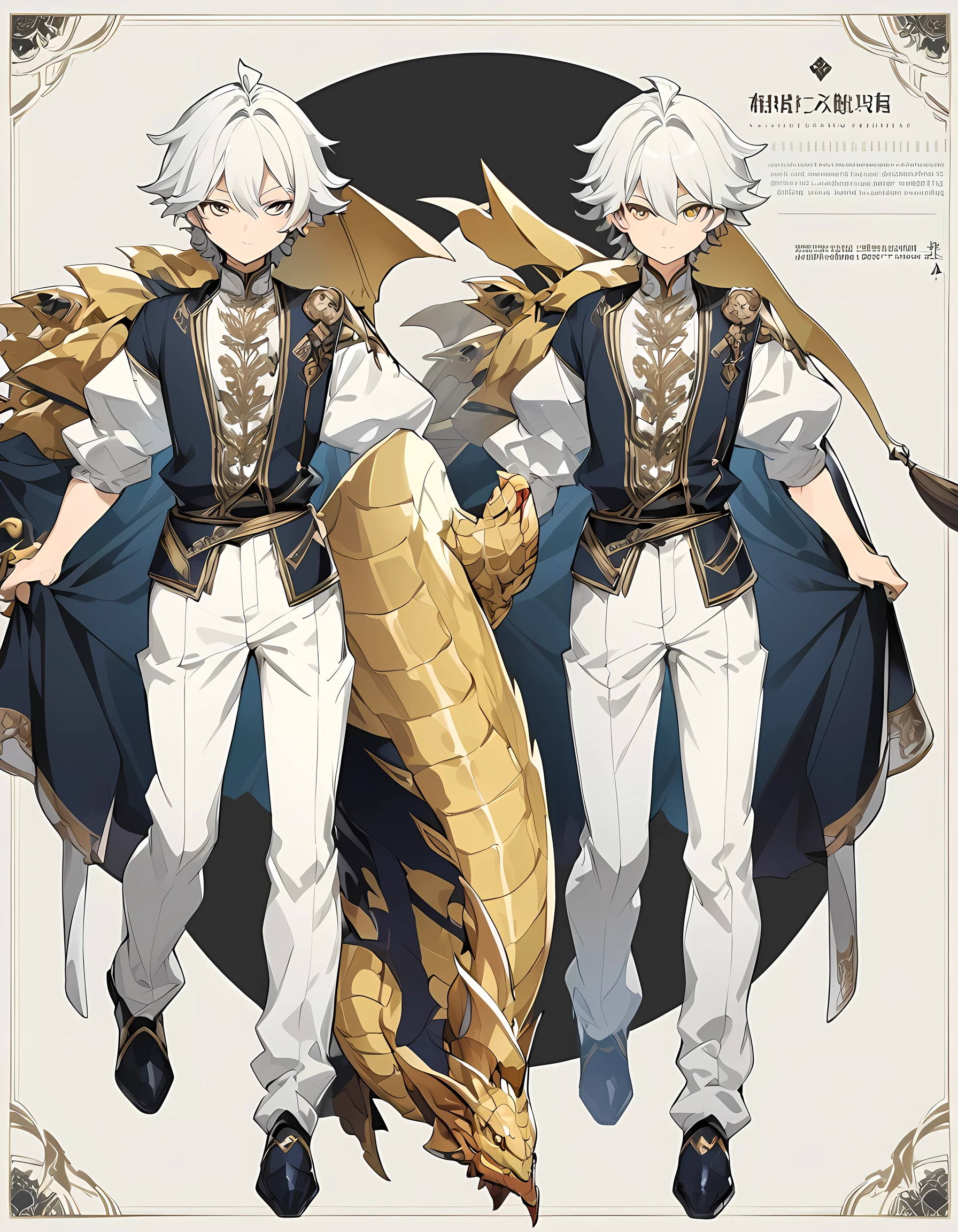 (FULL BODY CHARACTER DESIGN SHEET) (HIGH RESOLUTION) a character design sheet featuring a young male child around 10 years old, he has white hair styled in a 'comma' shape, wavy and slightly curled, common in anime. his golden eyes have reptilian slits, giving him a dragon-like quality. he wears a beautiful, noble outfit reminiscent of historical manhwa, featuring a regal color palette of grey, golds, and whites. despite his cute appearance, his expression is flat and emotionless, as if detached from the world around him. the background of the design sheet is neutral, focusing on the character from multiple angles, including a close-up of his face, the full body, and the others details. the overall style should resemble character design sheets often seen in manhwa, with clear lines and detailed shading to highlight his mysterious aura and intricate clothing details. (FULL BODY CHARACTER DESIGN SHEET) (3:4 CHARACTER DESIGN SHEET) (MANHWA STYLE)