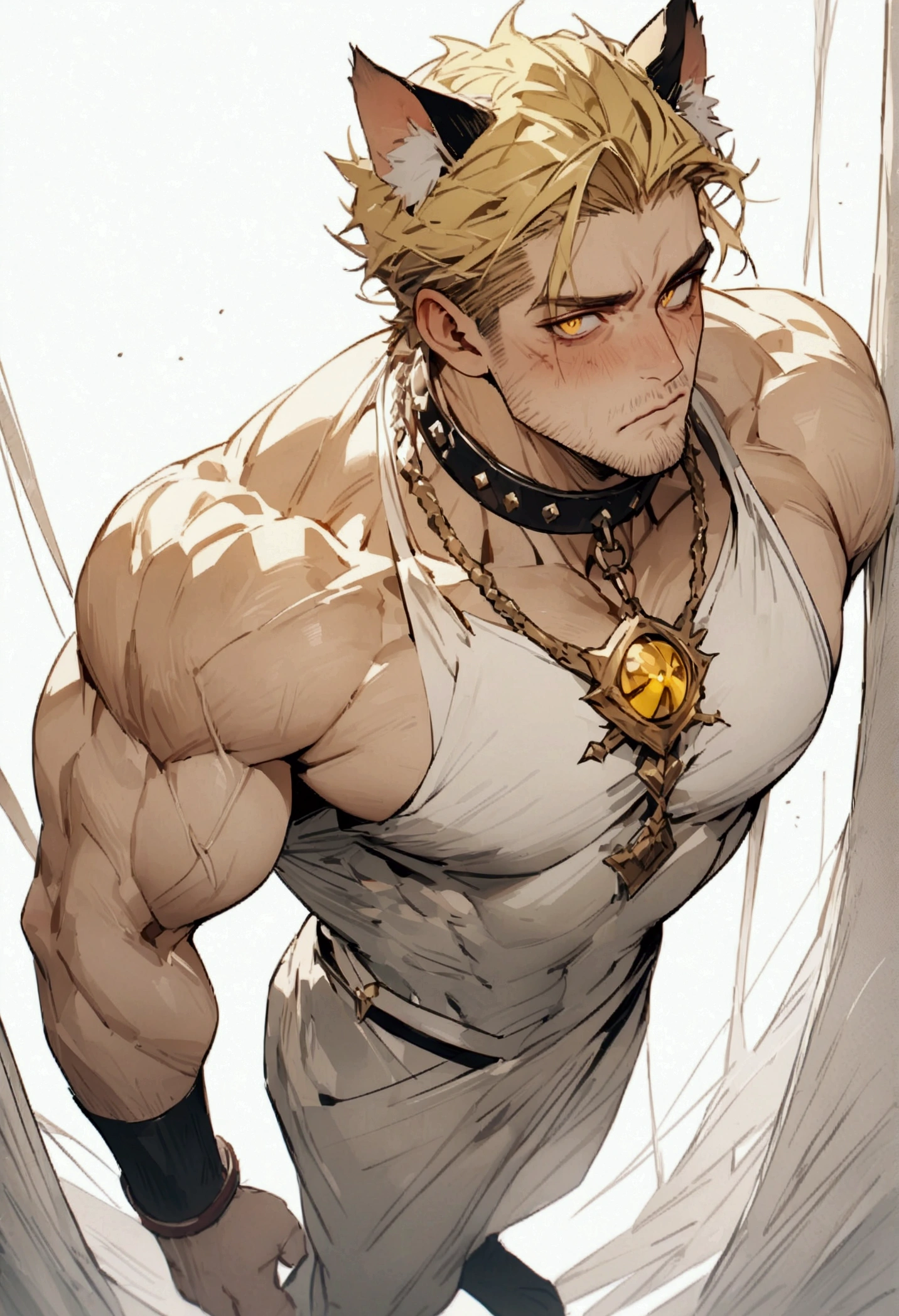 (masterpiece), highest quality, Expressive eyes, Perfect Face, male, yellow Hair, yellow Eyes, cat Ears, kingly attire , Portraiture,, good looking, Apathetic and tired,  bruised, full body, collar on neck, manly, muscular, stubble on chin, full body shot , muscular body