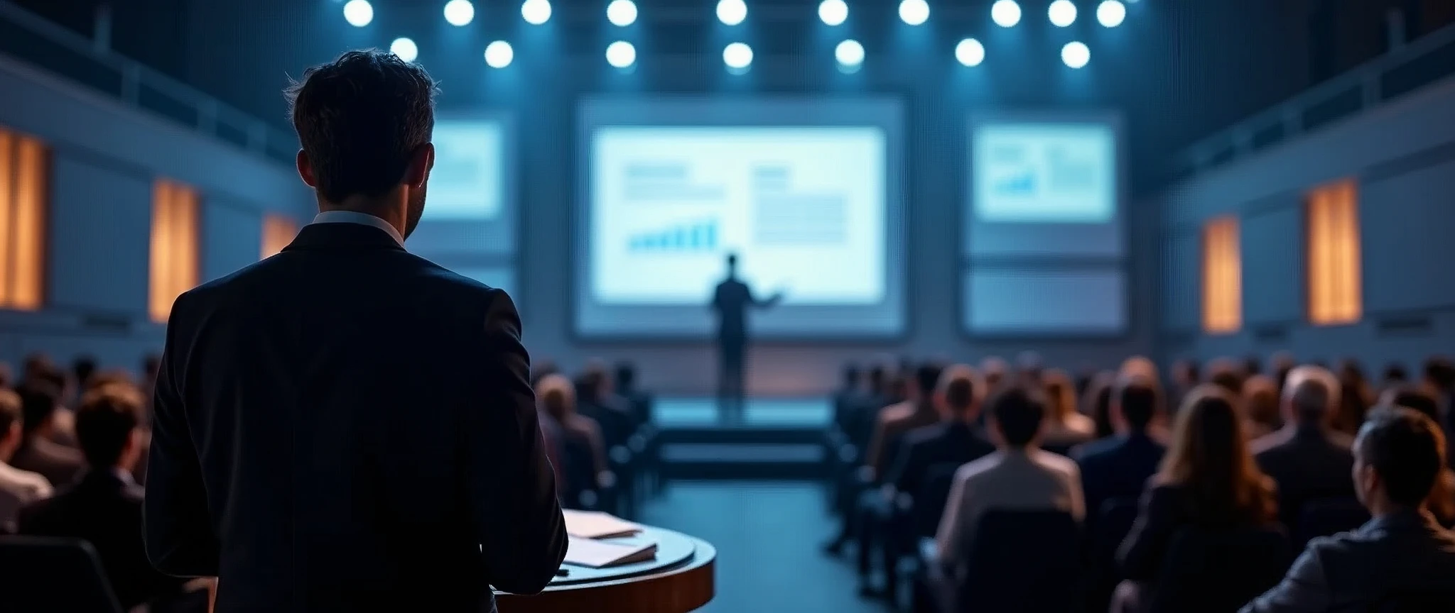 Back view of a speaker addressing an audience at a business conference and presentation, standing at a podium with a large projection screen displaying key information behind them, set in a professional and modern conference hall, with rows of attentive attendees visible in the foreground, conveying a sense of authority and engagement, the room is illuminated by bright spotlights and ambient lighting that highlights the speaker and enhances the formal atmosphere