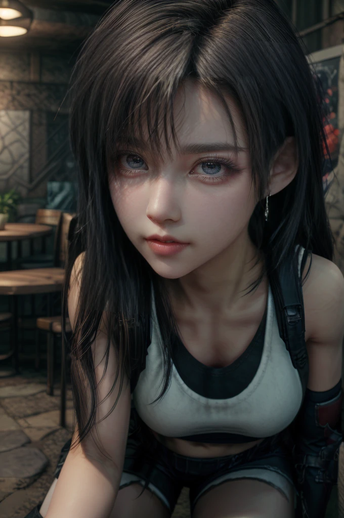 a beautiful woman with long brown hair, piercing blue eyes, delicate facial features, full lips, wearing a white tank top, tight black shorts, and black leather gloves, athletic and fit, standing in a lush, colorful garden, sunlight streaming through the leaves, (best quality, 4k, 8k, highres, masterpiece:1.2), ultra-detailed, (realistic, photorealistic, photo-realistic:1.37), hyper detailed, cinematic lighting, detailed environment, vibrant colors, intricate details, elegant, powerful, dynamic pose, character portrait, character design, final fantasy, video game art