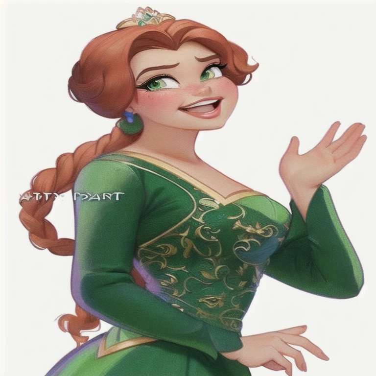 a cartoon image of a woman in a green dress waving, Arte Disney style, Arte Disneystyle, personagem da disney, art in the style of disney, Arte Disney, concept art by disney, personagem da disney style, Arte Disney, portrait of princess Fiona, disney rendering, fiona, disney cartoon, in the style of Disney animation