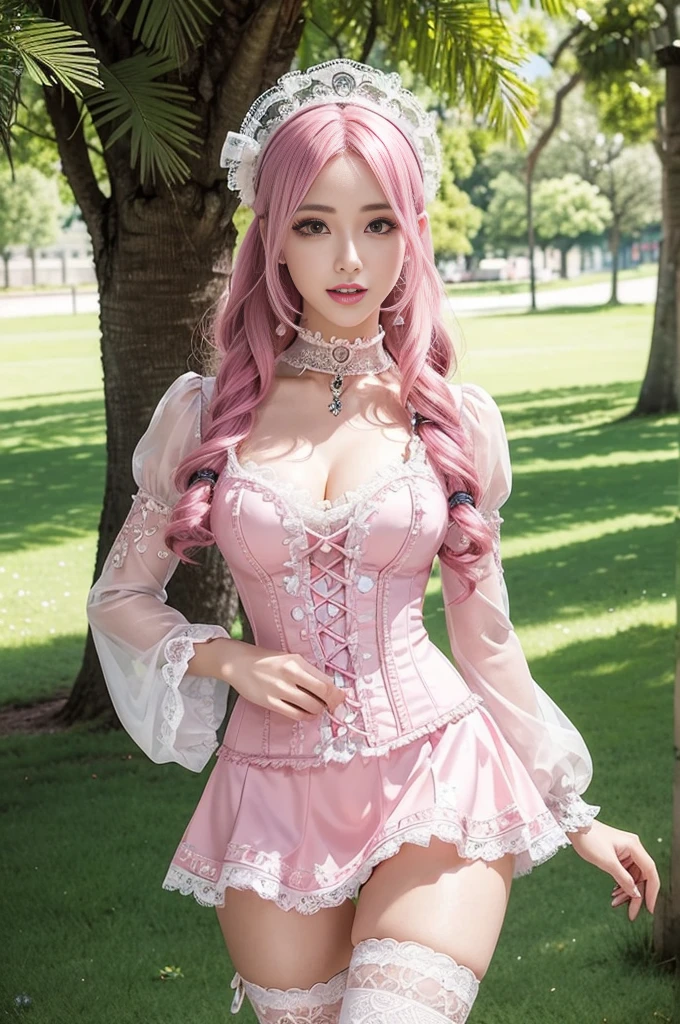 sexy stylish Swedish model, only 1 female, ((doll-like appearance)), long neon pink stylish hair, ((very detailed Victorian-Style boots)), (happy smile), very detailed eyes, professional makeup, lipgloss, long lashes, defined eyebrows, ((sexy Paradise Kiss cosplay)), bell-shaped skirt, petticoats, high neckline, puffed sleeves, ((very detailed lace)), ((very detailed embroidery)), intricate details, Paradise Kiss accessoires and matching headpiece, choker, ((large sparkling Paradise Kiss jewelry)), cinematic light, detailed large park background with trees