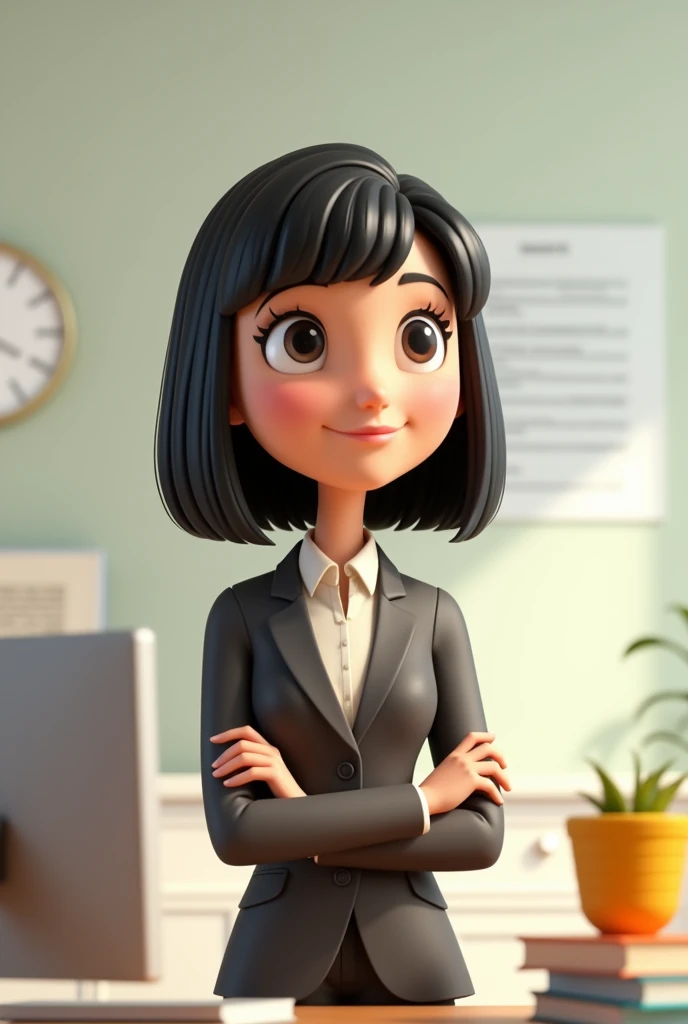 3d cartoon of a woman, short, straight and black hair, black eyes, looking forward wearing formal clothes having an idea