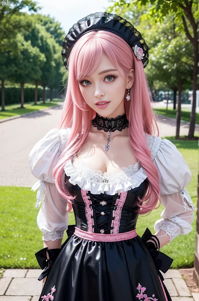 sexy stylish Swedish model, only 1 female, ((doll-like appearance)), long neon pink stylish hair, ((very detailed Victorian-Style boots)), (happy smile), very detailed eyes, professional makeup, lipgloss, long lashes, defined eyebrows, ((sexy Paradise Kiss cosplay)), bell-shaped skirt, petticoats, high neckline, puffed sleeves, ((very detailed lace)), ((very detailed embroidery)), intricate details, Paradise Kiss accessoires and matching headpiece, choker, ((large sparkling Paradise Kiss jewelry)), cinematic light, detailed large park background with trees
