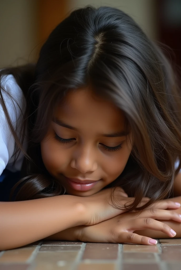 A Sri Lankan School Girl, beautiful, Brown long Hair, Sri lankan School Uniform, Sleeping on the flor, Outsaid