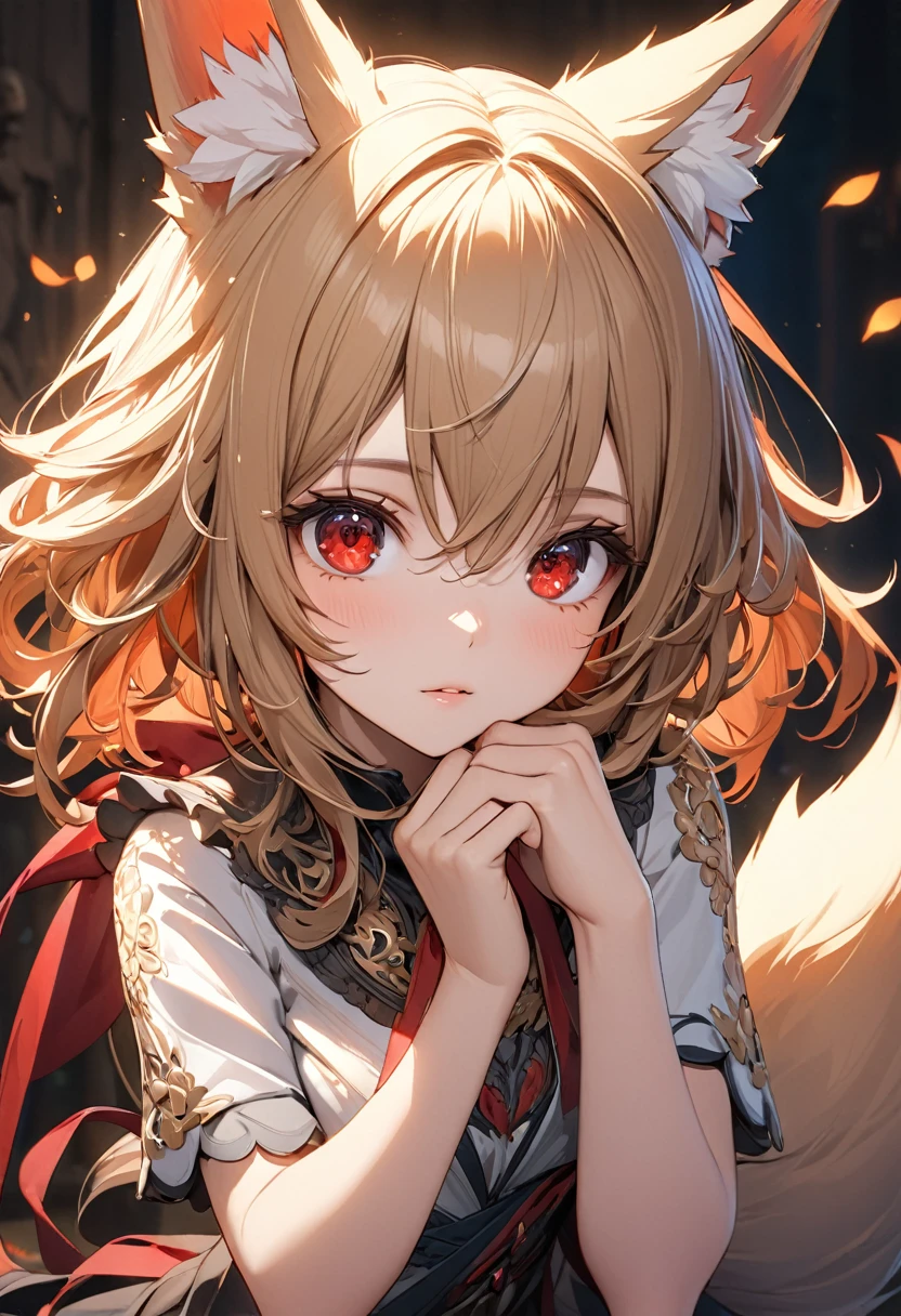Long hair, (red eyes:1.5), animal ears, tail, GOLD hair, FOX ears, FOX tail, (small breast:1.2), BREAK looking at viewer, BREAK outside, BREAK (masterpiece:1.2), best quality, high resolution, unity 8k wallpaper, (illustration:0.8), (beautiful detailed eyes:1.6), extremely detailed face, perfect lighting, extremely detailed CG, (perfect hands, perfect anatomy),