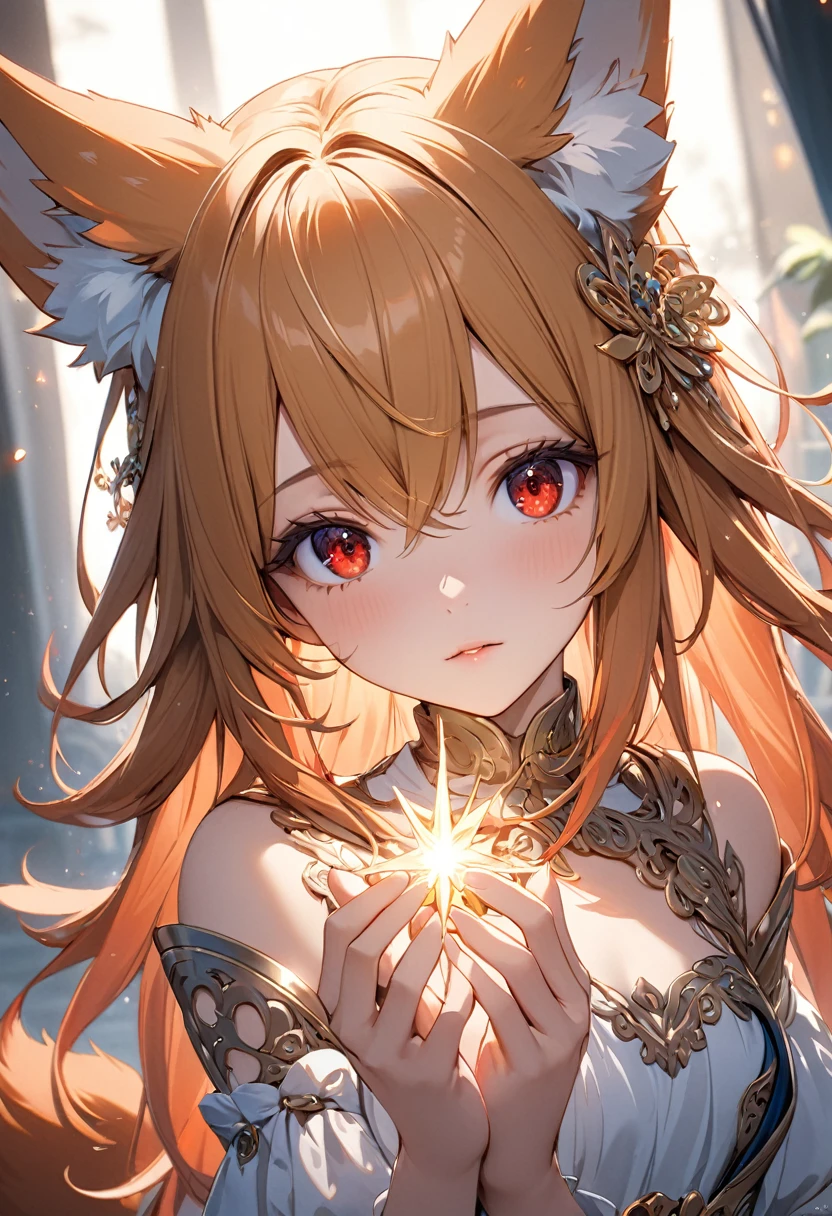 Long hair, (red eyes:1.5), animal ears, tail, GOLD hair, FOX ears, FOX tail, (small breast:1.2), BREAK looking at viewer, BREAK outside, BREAK (masterpiece:1.2), best quality, high resolution, unity 8k wallpaper, (illustration:0.8), (beautiful detailed eyes:1.6), extremely detailed face, perfect lighting, extremely detailed CG, (perfect hands, perfect anatomy),