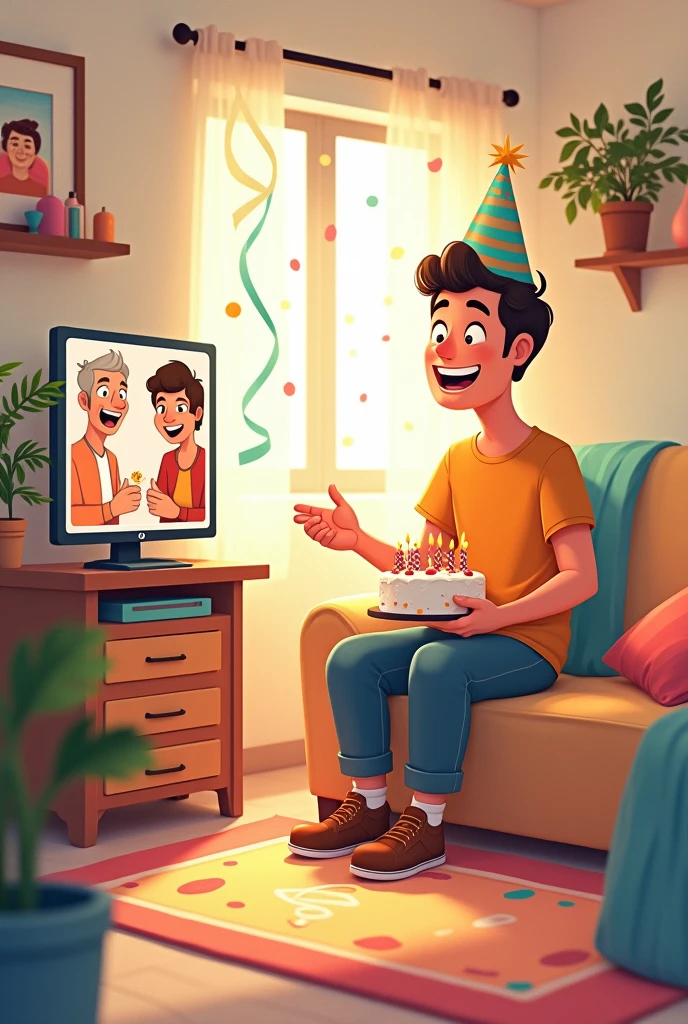 An animated drawing of a man celebrating birthday abread alone but while being in a video call with his parents.
