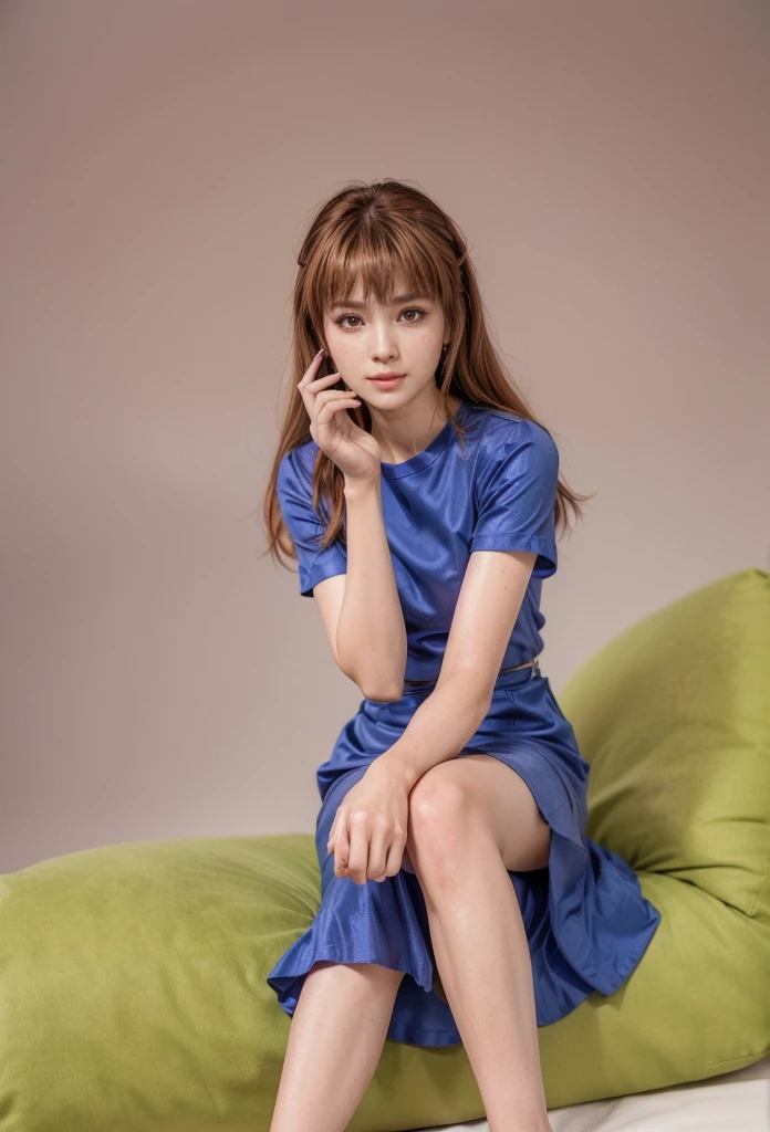 kasumi, eyes browns, (best qualityer, ultra detail), (realisitic:1.37), beautiful and detailed face, ultra-realisitic texture, Exquisite face, Delicate body, red lipgloss stick, shiny colors. High definition, 8k, expression a slight cute smile