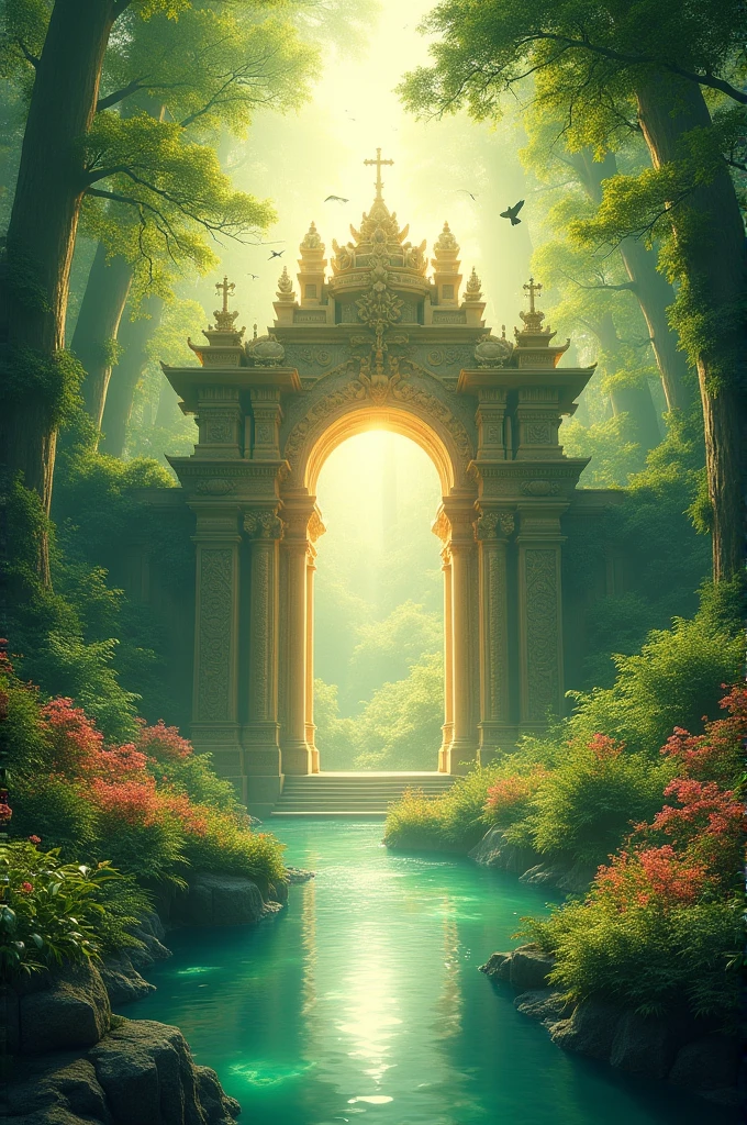 This is the image of paradise, depicted as a vibrant green garden., under the shade of towering trees,, by the side of a crystal-clear river,, Free-flying birds. A soft, golden light emanates from the heavens,, impart a sense of peace and blessings,. In the midst of a lush garden,, illuminating a grand and majestic gate adorned with intricate ornaments., lies a gateway to paradise., a place overflowing with grace and happiness..