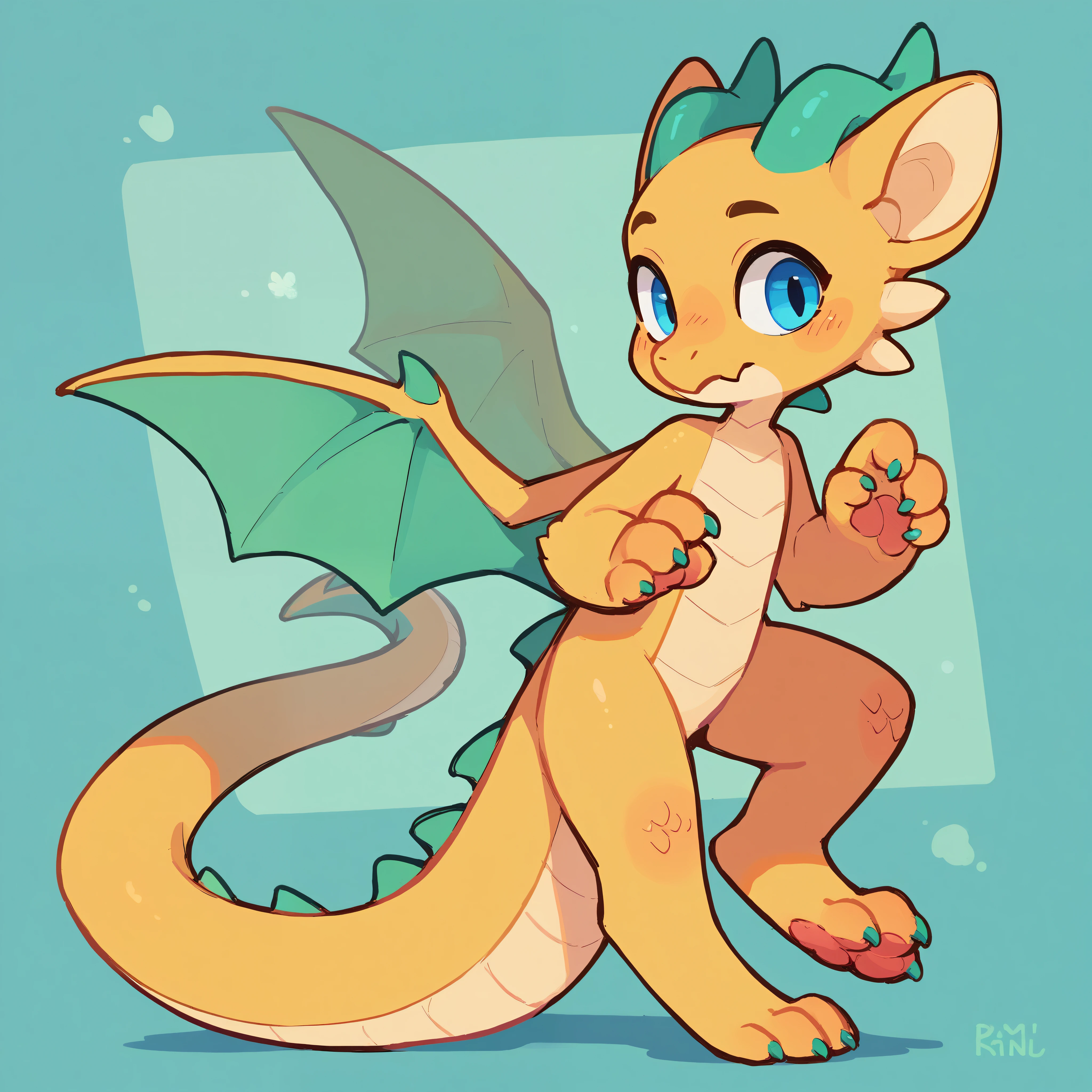 the whole body,Furry, Dragon, Blue Eyes, Yellow Fur,Green Corner
