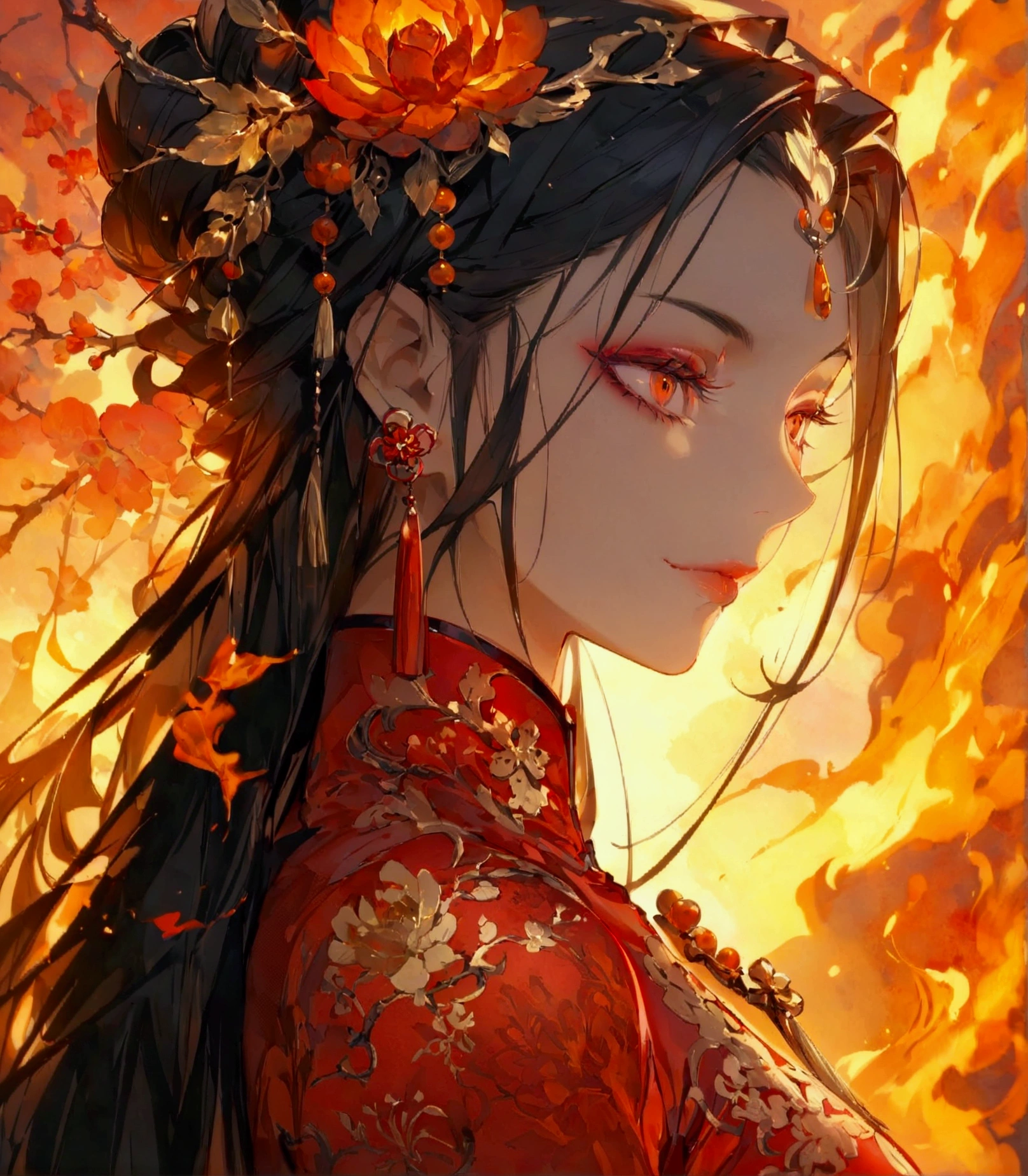 Fire Spirit Portrait, very long flowing red hair, Eyes shining red, (Exquisite and sexy Chinese cheongsam:1.2), Red glowing tattoo, Orange crystal jewelry, A faint smile, Mature body,masterpiece,best quality,Official Art,illustration,Clear lines,(Cool_color),Perfect composition,ridiculous,fantasy,