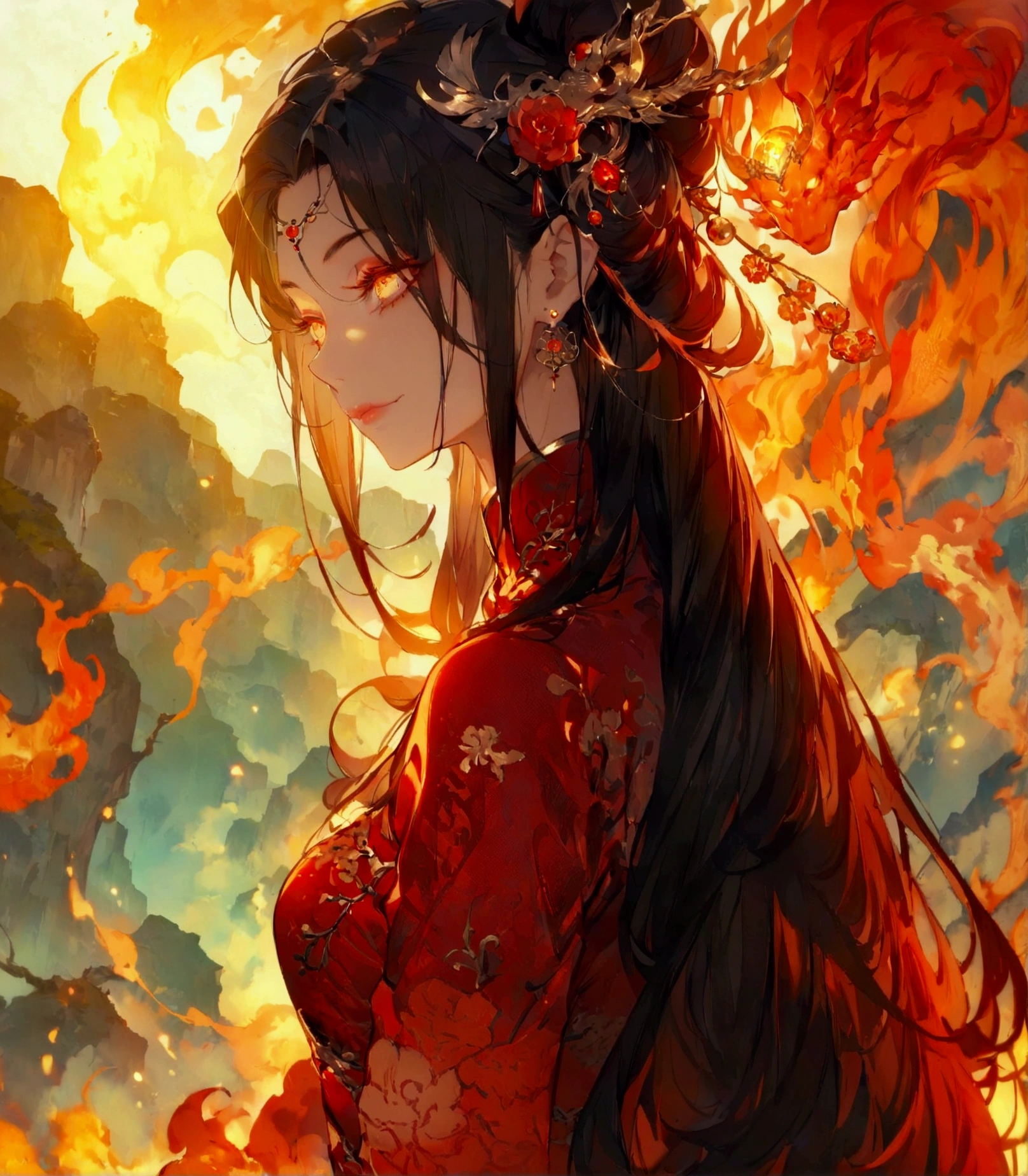 Fire Spirit Portrait, very long flowing red hair, Eyes shining red, (Exquisite and sexy Chinese cheongsam:1.2), Red glowing tattoo, Orange crystal jewelry, A faint smile, Mature body,masterpiece,best quality,Official Art,illustration,Clear lines,(Cool_color),Perfect composition,ridiculous,fantasy,