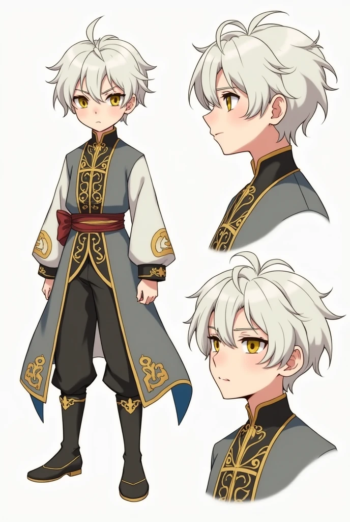 (FULL BODY CHARACTER DESIGN SHEET) (HIGH RESOLUTION) a character design sheet featuring a young male child around , he has white hair styled in a 'comma' shape, wavy and slightly curled, common in anime. his golden eyes have reptilian slits, giving him a dragon-like quality. he wears a beautiful, noble outfit reminiscent of historical manhwa, featuring a regal color palette of grey, golds, and whites. despite his cute appearance, his expression is flat and emotionless, as if detached from the world around him. the background of the design sheet is neutral, focusing on the character from multiple angles, including a close-up of his face, the full body, and the others details. the overall style should resemble character design sheets often seen in manhwa, with clear lines and detailed shading to highlight his mysterious aura and intricate clothing details. (FULL BODY CHARACTER DESIGN SHEET) (3:4 CHARACTER DESIGN SHEET) (MANHWA STYLE)