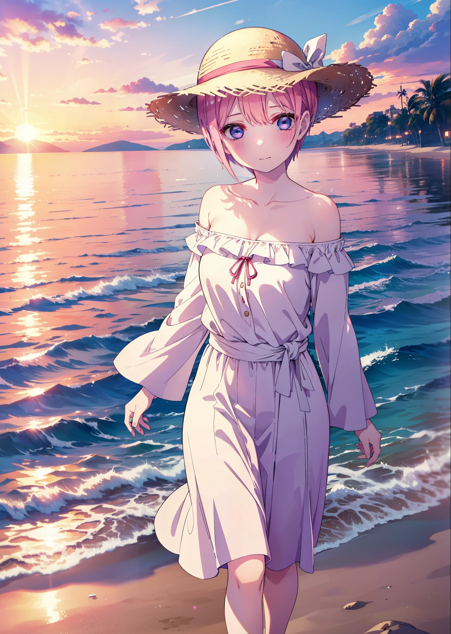 ichikanakano, Nakano Ichika, short hair, bangs, blue eyes, Hair between the eyes, Pink Hair, smile,blush,Open your mouth,Straw hat,White off-shoulder dress,Long skirt,barefoot,Walking,sunset,evening,The sun is setting,Strolling on the sandy beach,
break outdoors, Beach,
break looking at viewer, whole body,
break (masterpiece:1.2), Highest quality, High resolution, unity 8k wallpaper, (figure:0.8), (Beautiful attention to detail:1.6), Highly detailed face, Perfect lighting, Highly detailed CG, (Perfect hands, Perfect Anatomy),