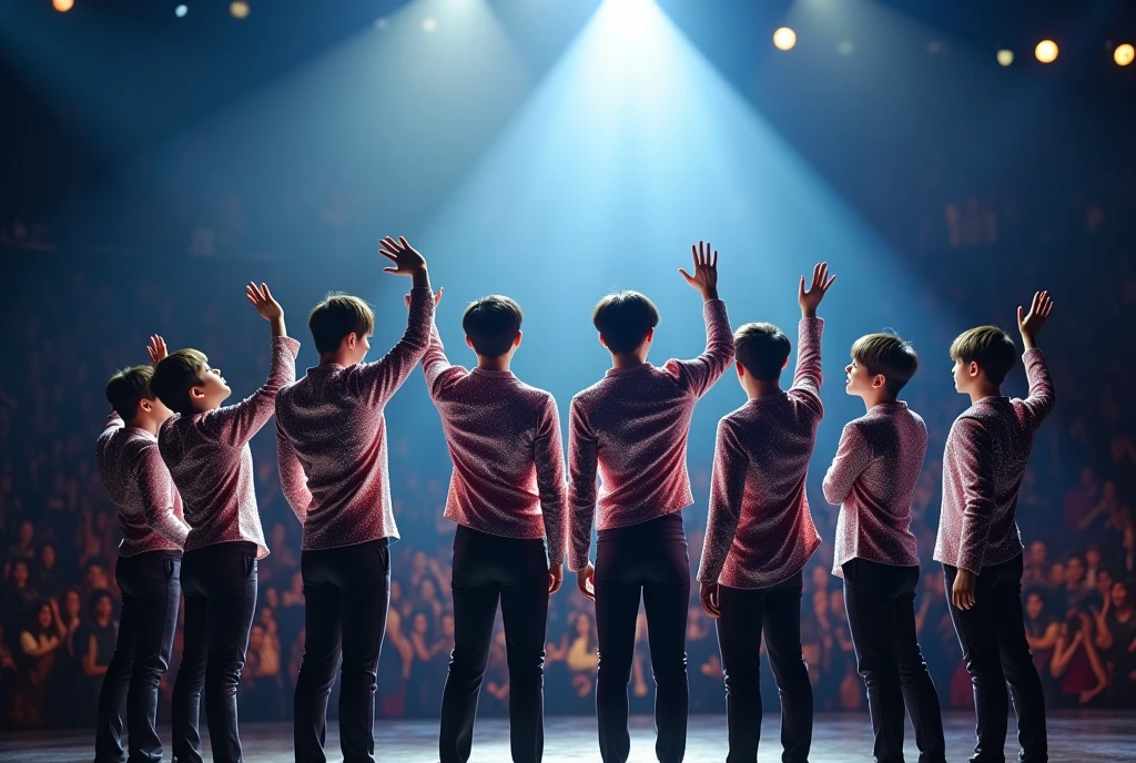 A group of six Japanese male idols dressed in flashy costumes under the spotlight、The back view of the six members waving to the fans with calm expressions、The seats are packed with fans。