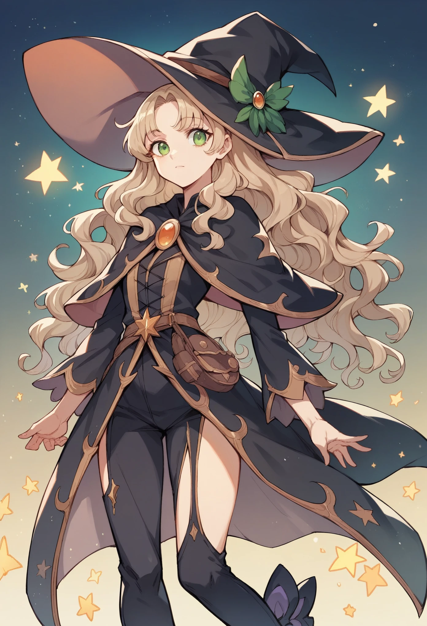 (masterpiece:1.2, Highest quality),(Anime Style),Visible from the knees to the head, 20-year-old woman,Yellow-green eyes,Beige hair,Wavy Hair,Long Hair,Wizard,Black witch hat,Wizardの杖,night
