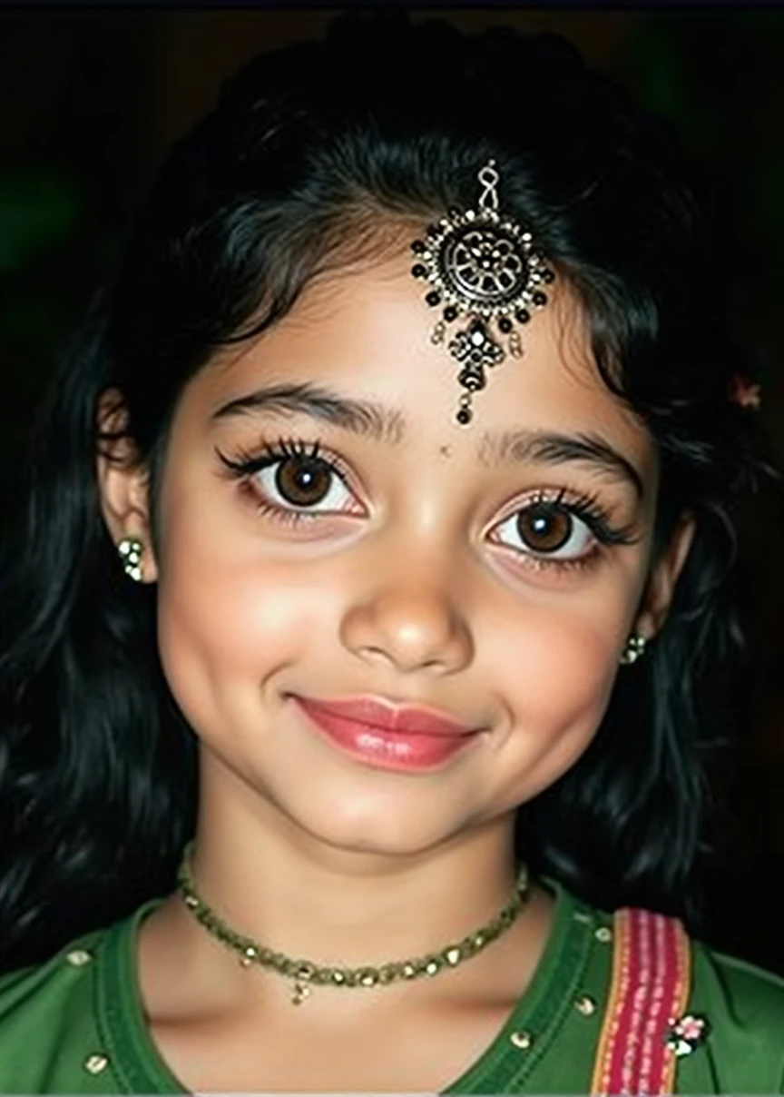 A sweet, cute Indian girl, beautiful detailed eyes, beautiful detailed lips, extremely detailed face and features, long eyelashes, intricate jewelry, detailed ethnic clothing, warm smile, soft skin, delicate facial features, serene expression, ornate floral headpiece, lush garden background, natural lighting, vibrant colors, photorealistic, 8k, high resolution, cinematic, masterpiece