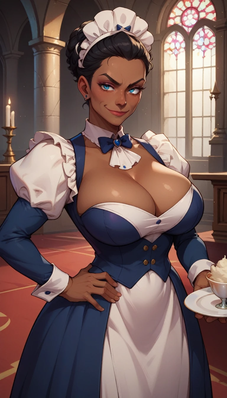 core_9, score_8_up, score_7_up, score_6_up, BREAK 1woman, black skin, black hair with white streaks, older female, big breasts, wearing butler outfit, in a dark castle, smirking, holding plate, one hand on hip