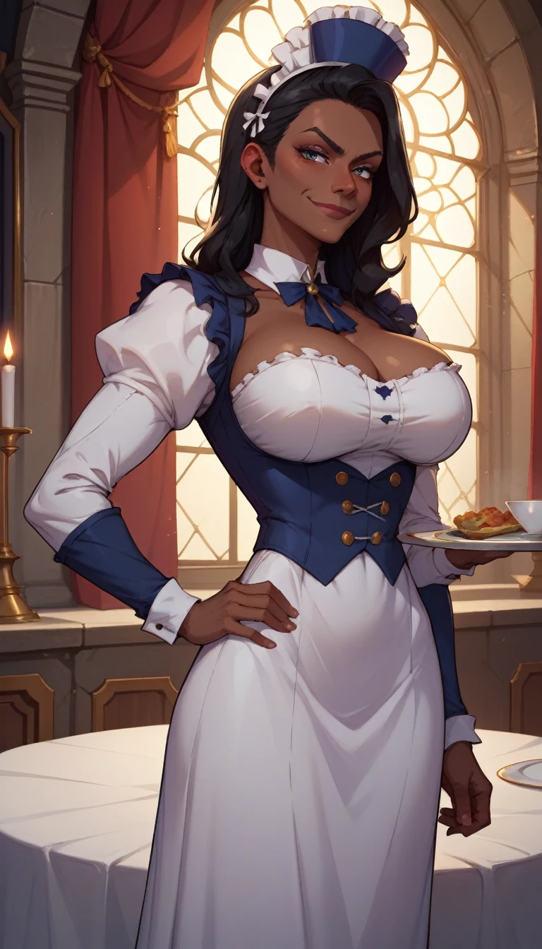 core_9, score_8_up, score_7_up, score_6_up, BREAK 1woman, black skin, black hair with white streaks, older female, big breasts, wearing butler outfit, in a dark castle, smirking, holding plate, one hand on hip