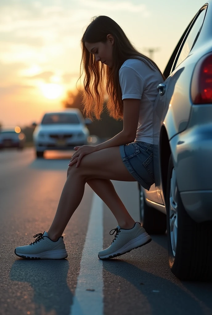  
(A  desperately can’t hold it anymore) (no restrooms around) (she made her parents stopped the car in from of traffic to relieve herself ) (Realistic) (she is clearly peeing very urgently at side of the freeway) ( pee dripping down the road) ( sitting on the car with the open car door to hide. She really needed to go.