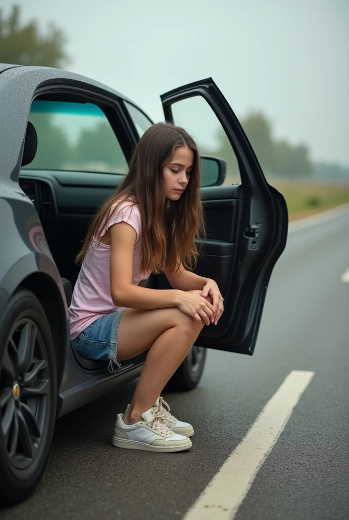 (A desperately can’t hold it anymore) (no restrooms around) (she made her parents stopped the car in from of traffic to relieve herself ) (Realistic) (she is clearly peeing very urgently at side of the freeway) ( pee dripping down the road) ( sitting on the car with the open car door to hide. She really needed to go.