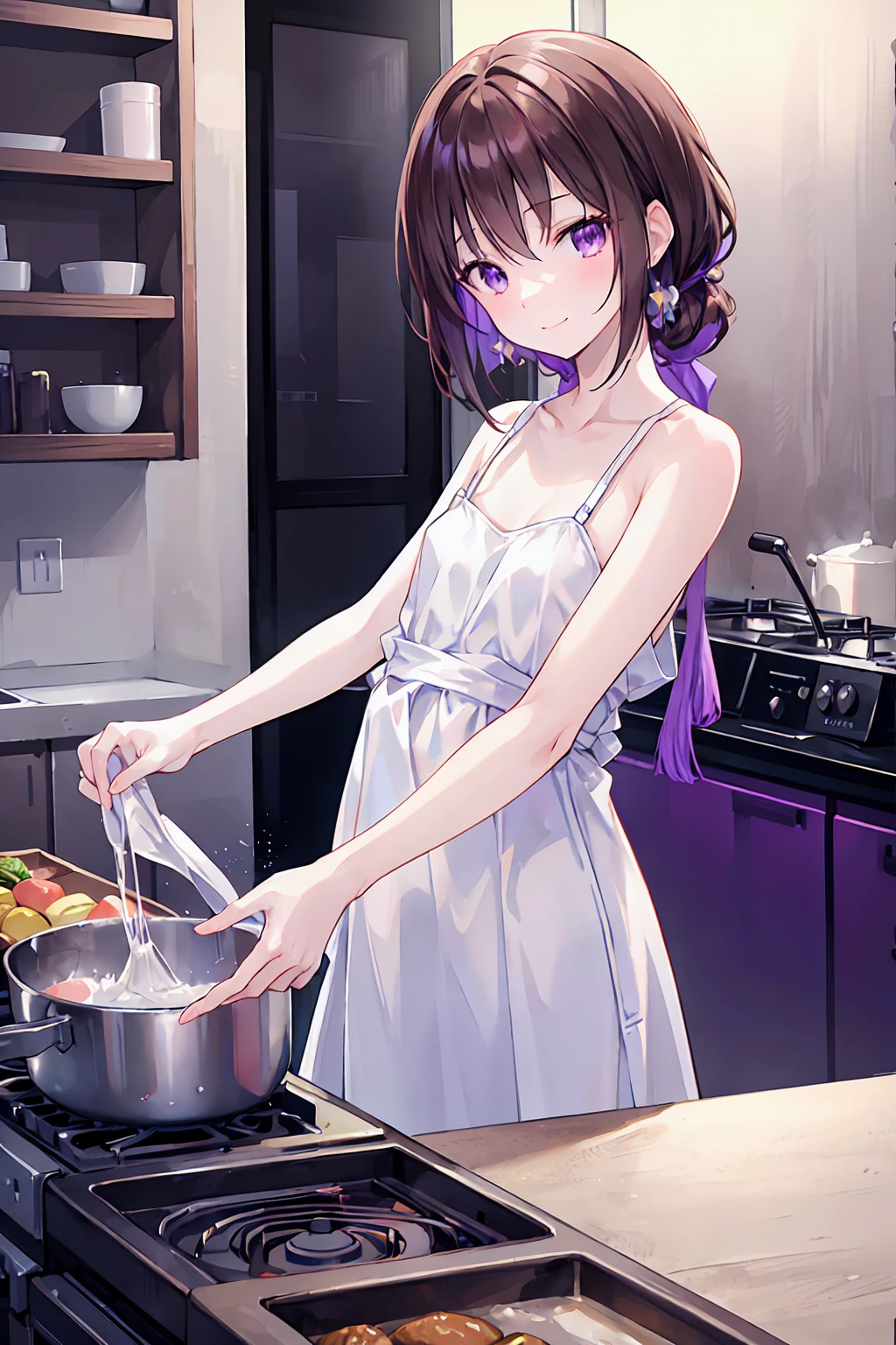 look back、Realistic, Real person, (Pale skin: 1.2), RAW Photos, Realistic, Portrait Photography, Glowing Skin, Japanese Idols、Shiny Hair、(bangs,straight,Shortcuts,17Old woman) ,White dress,Brown Hair,Purple eyes, smile, The background is the kitchen、alone、cooking,Small breasts,Flat chest,Depth of written boundary, Delicate eyes, Complete Hand, No extra limbs,Small breasts,Clear nose bridge,Natural posture