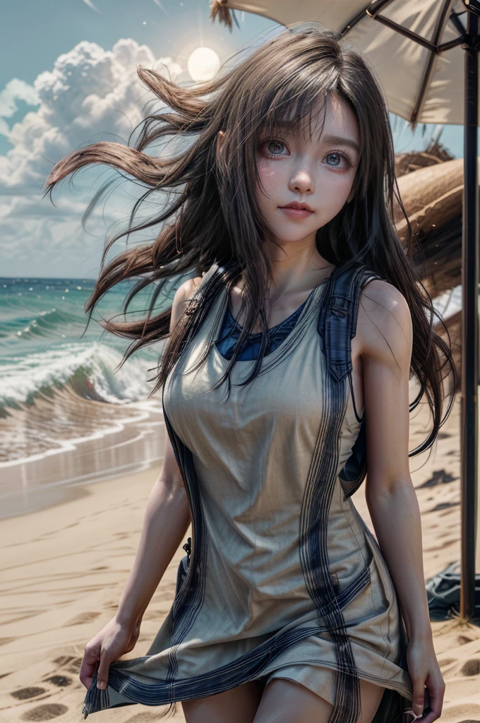 a beautiful woman with long brown hair, delicate facial features, and a serene expression standing on a sandy beach, wearing a white pinafore dress, waves crashing in the background, vibrant blue sky with wispy clouds, warm golden sun lighting the scene, highly detailed, photorealistic, 8k, cinematic lighting, atmospheric, intricate details