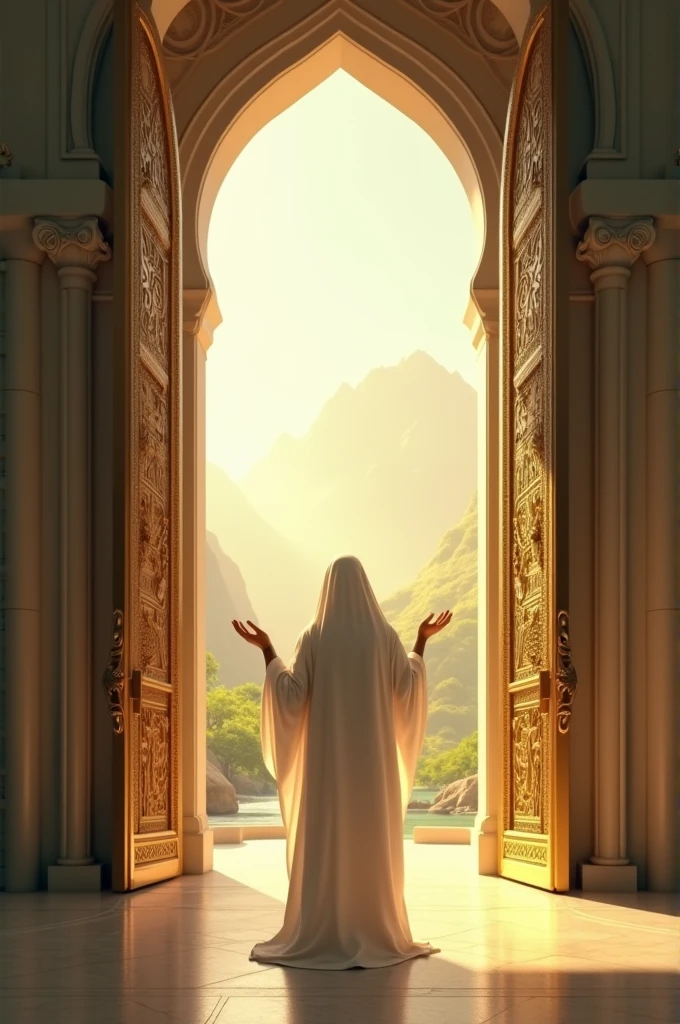 A Muslim, clothed in pristine white, stands before the wide-open gates of paradise.. Bright, warm light emanates from within the gate., Highlighting the path leading inwards,. The person's face radiates gratitude and happiness,, with hands raised as if ready to enter a place of peace.. In the distance, a breathtaking view of paradise unfolds., filled with beauty and serenity,.