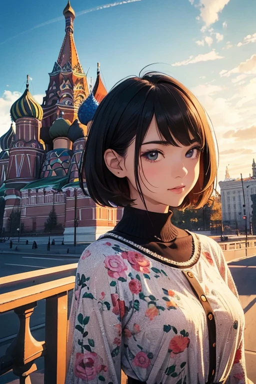 (masterpiece, highest quality:1.1), (Popart Style),Flat Color,((one Girl)),Cute face, ((short hair)), 19y.o.,Enjoy your trip, (Moscow), Russia, Beautiful detailed scenery, Beautiful lighting,very happy,Dynamic pose,photo portrait, sharp,An illustration:okama, ((skinny))