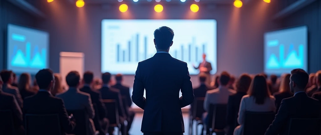 Back view of a speaker delivering a presentation at a business conference, with the audience in the foreground and a large screen behind them showing charts and data, set in a sleek, modern conference room, conveying a professional and engaging atmosphere, the room is brightly lit with spotlights focusing on the speaker, while the audience is bathed in soft ambient light, emphasizing the speaker's role and the formal setting