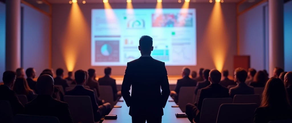 Back view of a speaker delivering a presentation at a business conference, with the audience in the foreground and a large screen behind them showing charts and data, set in a sleek, modern conference room, conveying a professional and engaging atmosphere, the room is brightly lit with spotlights focusing on the speaker, while the audience is bathed in soft ambient light, emphasizing the speaker's role and the formal setting 