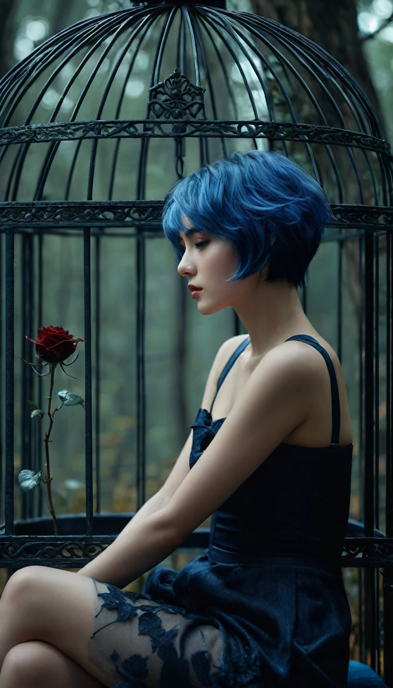 Close up Image of a short blue hair beautiful girl sitting on the sofa inside the bird cage, forests of clocks interspersed with forests of thorns, dark, gloomy, mysterious but full of magic, shimmeringly beautiful, in the distance there is a giant birdcage surrounded by climbing black roses, , cinematic color, 16K, UHD, K-Pop Style
