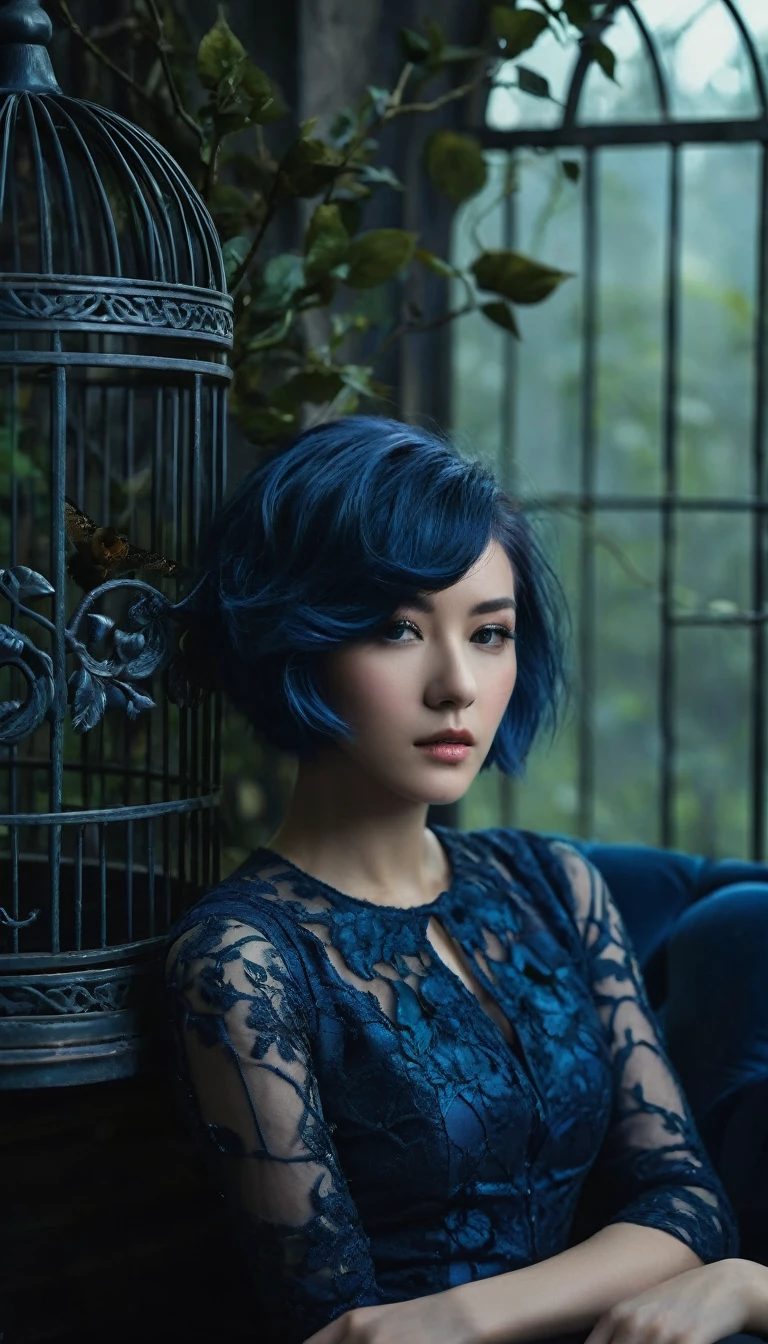 Close up Image of a short blue hair beautiful girl sitting on the sofa inside the bird cage, forests of clocks interspersed with forests of thorns, dark, gloomy, mysterious but full of magic, shimmeringly beautiful, in the distance there is a giant birdcage surrounded by climbing black roses, , cinematic color, 16K, UHD, K-Pop Style