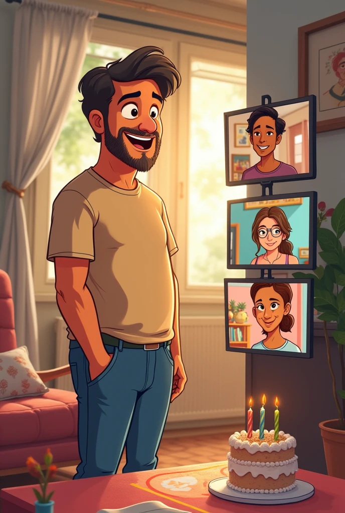 An animated drawing of a man celebrating birthday abread alone but while being in a video call with his mother, father and two brothers.
