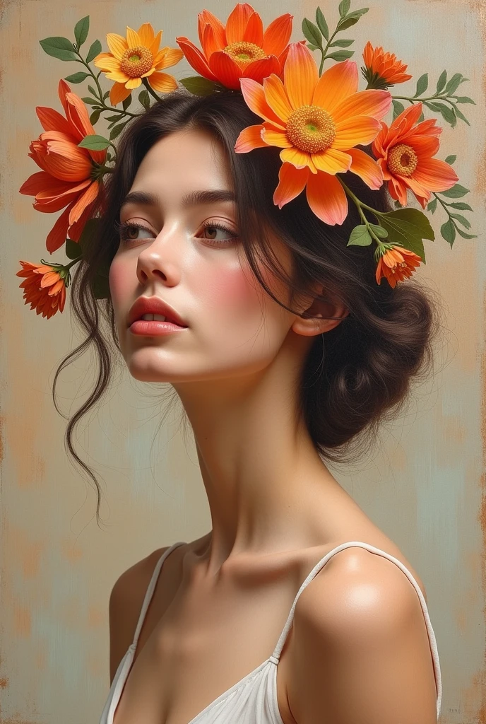 Lady with flowers in her hair is an acrylic painting, Lucy Glendinning's style, Tony Dietlitz, Organic and naturalistic composition, Flower Explosion, Ferris Piqué, Light orange and brown, Calm face